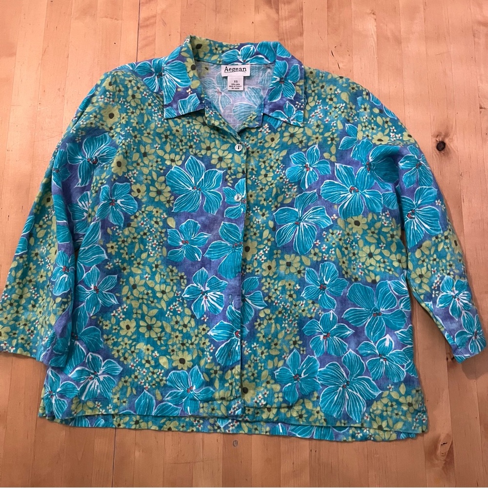 Aegean Women's Floral Button Down Shirt - Blue and Green